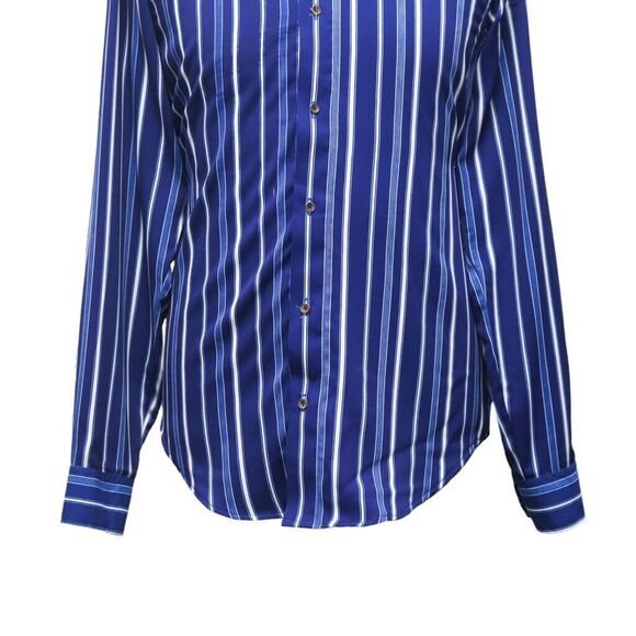 Mens Silky Shirt Button Up Blue White Striped Dress Casual Beach Party Medium - Picture 4 of 6